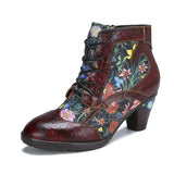 Cowhide Ethnic Side Zipper Retro High Heel Boots