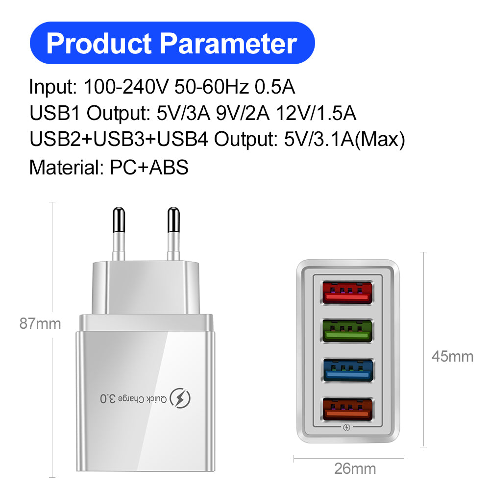 Cargador USB de carga rápida 3,0, 4 adaptadores de teléfono para tableta, cargador móvil de pared portátil, cargador rápido