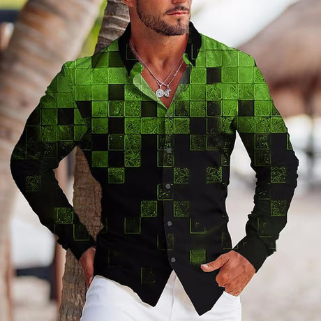 Camisa de solapa de manga larga con estampado colorido para hombre