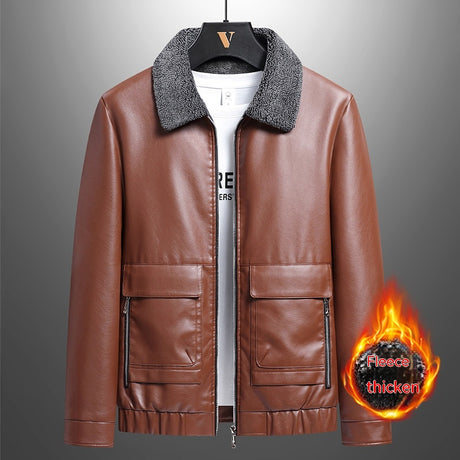 Winter Leather Fleece-lined Thickened PU Leather Men's Cashmere Fur Integrated Warm Jacket