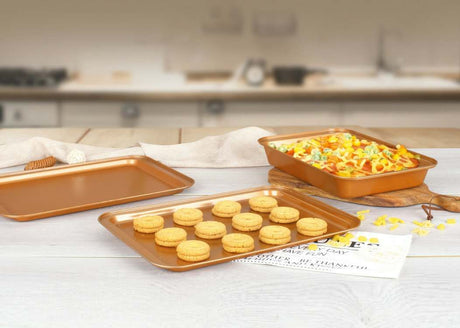 Original Cookie Sheet & Roasting Tray Set - 3 Pcs Toxic Free NONSTICK - Organic Environmental Friendly Premium Coating - Durable Quality - 2 X Baking Sheets 1 X Roasting Pan - BAKEWARE