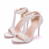 Crystal Queen Women Sandals White Lace Flowers Pearl Tassel 9CM Fine High Heels Slender Bridal Pumps Wedding Shoes