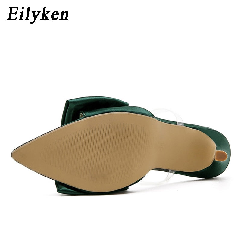 Eilyken, zapatillas de seda con nudo de mariposa, mulas, tacones altos, sandalias para mujer, chanclas, punta estrecha, chanclas con tiras, zapatos de fiesta