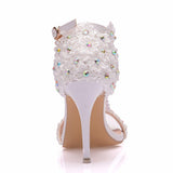 Crystal Queen Women Sandals White Lace Flowers Pearl Tassel 9CM Fine High Heels Slender Bridal Pumps Wedding Shoes