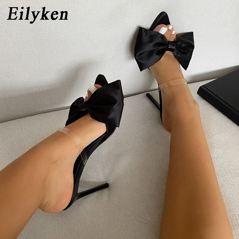 Eilyken, zapatillas de seda con nudo de mariposa, mulas, tacones altos, sandalias para mujer, chanclas, punta estrecha, chanclas con tiras, zapatos de fiesta