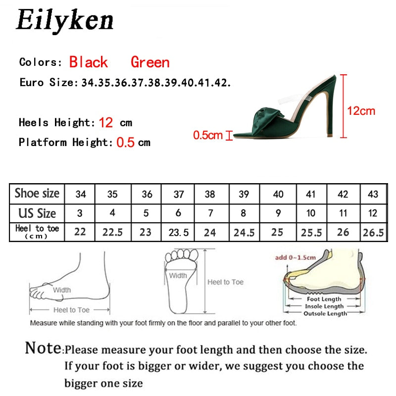 Eilyken Silk Butterfly-knot Slippers Mule High Heels Women Sandals Flip Flops Pointed toe Strappy Slides Party Shoes