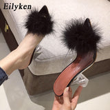 Eilyken Summer Woman Pumps PVC Transparent Feather Perspex Crystal High Heels Fur Peep Toe Mules Slippers Ladies Slides Shoes