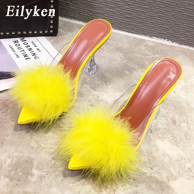 Eilyken Summer Woman Pumps PVC Transparent Feather Perspex Crystal High Heels Fur Peep Toe Mules Slippers Ladies Slides Shoes