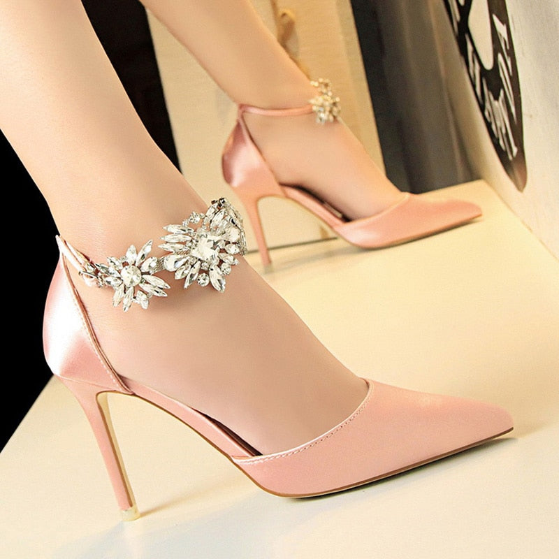 BIGTREE Shoes Women High Heels Rhinestone Woman Pumps Stiletto Silk Satin Women Heels Shoes Ladies Wedding Shoes Women Sandals