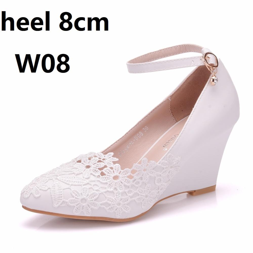 Crystal Queen White Lace Flower Pumps Womens Elegant Wedding Shoes Bride High Heels Platform Ladies Wedges Party Dress Stiletto