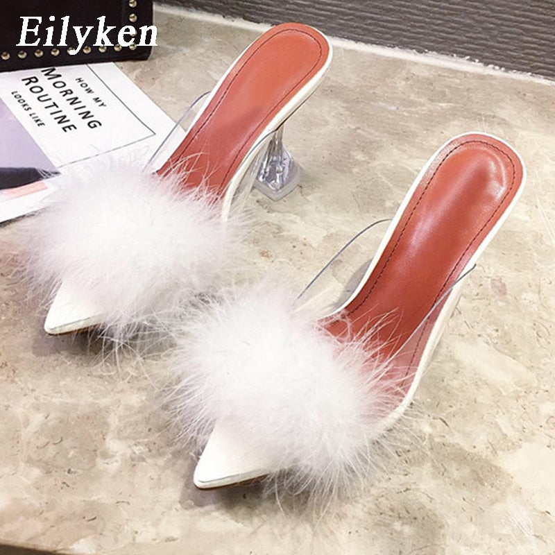 Eilyken Summer Woman Pumps PVC Transparent Feather Perspex Crystal High Heels Fur Peep Toe Mules Slippers Ladies Slides Shoes