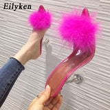 Eilyken Summer Woman Pumps PVC Transparent Feather Perspex Crystal High Heels Fur Peep Toe Mules Slippers Ladies Slides Shoes