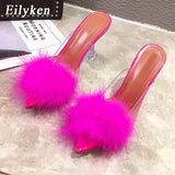 Eilyken Summer Woman Pumps PVC Transparent Feather Perspex Crystal High Heels Fur Peep Toe Mules Slippers Ladies Slides Shoes
