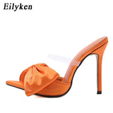 Eilyken Silk Butterfly-knot Slippers Mule High Heels Women Sandals Flip Flops Pointed toe Strappy Slides Party Shoes