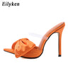 Eilyken, zapatillas de seda con nudo de mariposa, mulas, tacones altos, sandalias para mujer, chanclas, punta estrecha, chanclas con tiras, zapatos de fiesta