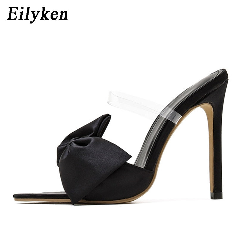 Eilyken Silk Butterfly-knot Slippers Mule High Heels Women Sandals Flip Flops Pointed toe Strappy Slides Party Shoes