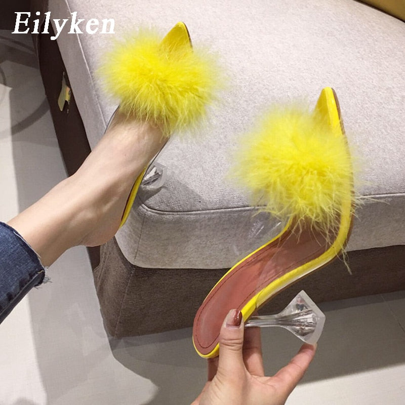 Eilyken Summer Woman Pumps PVC Transparent Feather Perspex Crystal High Heels Fur Peep Toe Mules Slippers Ladies Slides Shoes