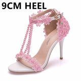 Crystal Queen Women Sandals White Lace Flowers Pearl Tassel 9CM Fine High Heels Slender Bridal Pumps Wedding Shoes