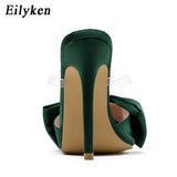 Eilyken Silk Butterfly-knot Slippers Mule High Heels Women Sandals Flip Flops Pointed toe Strappy Slides Party Shoes