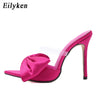 Eilyken, zapatillas de seda con nudo de mariposa, mulas, tacones altos, sandalias para mujer, chanclas, punta estrecha, chanclas con tiras, zapatos de fiesta