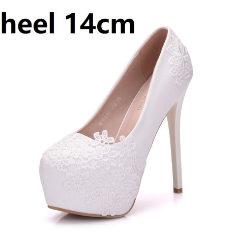 Crystal Queen White Lace Flower Pumps Womens Elegant Wedding Shoes Bride High Heels Platform Ladies Wedges Party Dress Stiletto