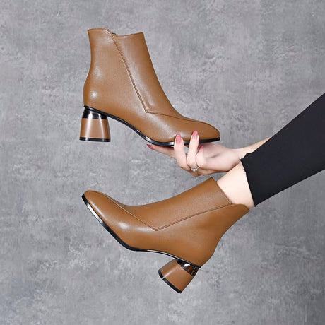 Women's Fashion Pointed Toe Chunky Heel Cowhide Ankle Boots