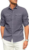 Camisa de Hombre Doble Bolsillo Algodón Lino Manga Larga