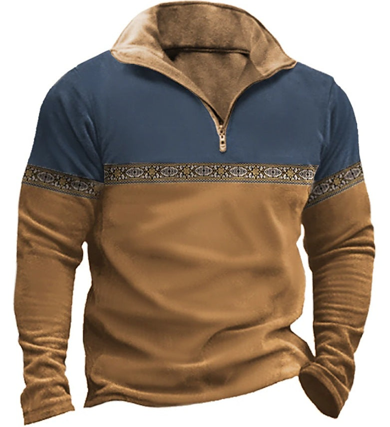 Printing Lapel Long Sleeve Pullover Leisure Men's T-shirt