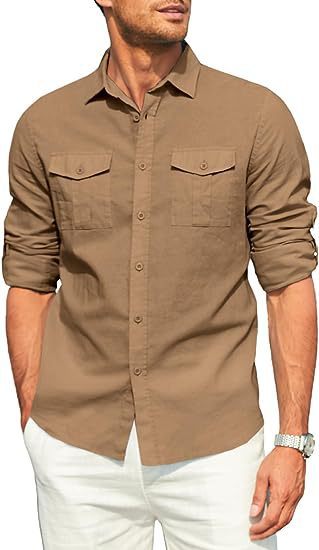 Camisa de Hombre Doble Bolsillo Algodón Lino Manga Larga