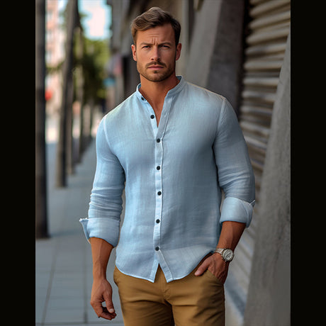 Camisa de hombre vintage con cuello de algodón y lino