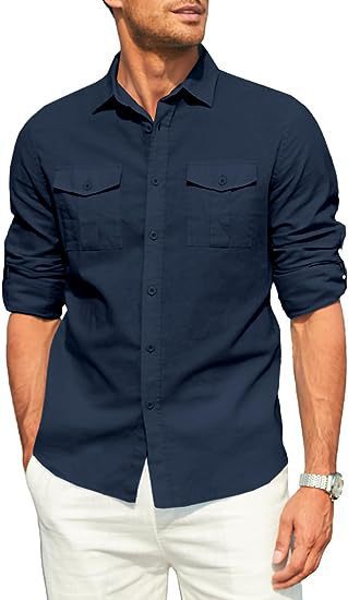 Camisa de Hombre Doble Bolsillo Algodón Lino Manga Larga