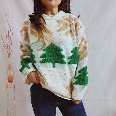 Suéter de manga larga con cuello redondo y jacquard con diseño de árbol de Navidad a la moda para mujer