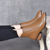 Women's Fashion Pointed Toe Chunky Heel Cowhide Ankle Boots