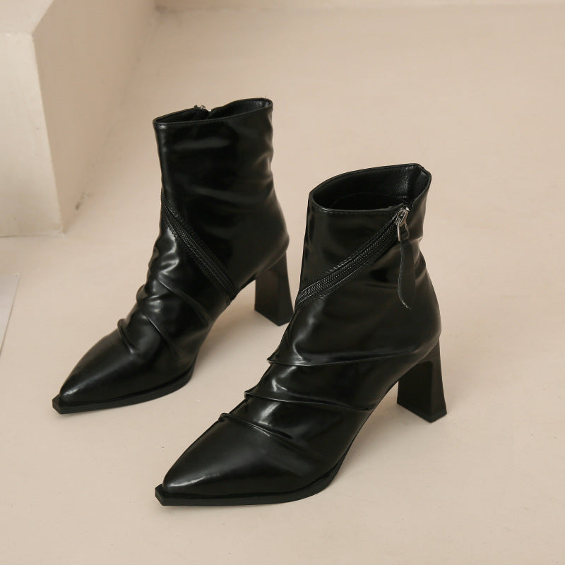 Botas de moda plisadas Tacón grueso puntiagudo para mujer