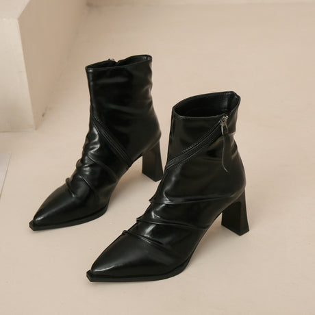 Pleated Fashion Boots Women's Pointed Chunky Heel