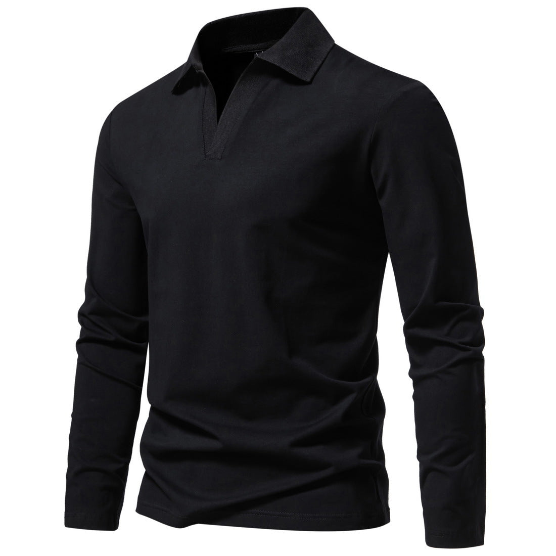 Retro Lapels Solid Color T-shirt Men's Fashion Long Sleeve Polo Shirt Bottoming Casual Top