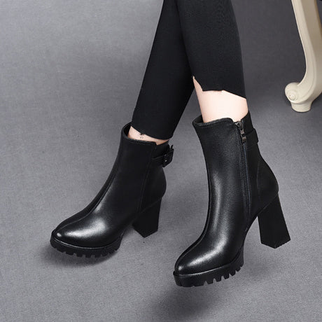 Botas de cuero con tacón alto y plataforma elegante para mujer con hebilla de cinturón