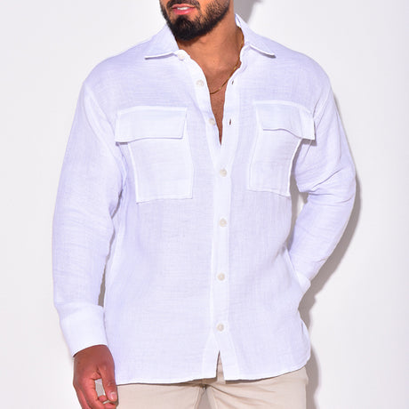 Men's Fashion Casual Cotton And Linen Front Pocket Shirt