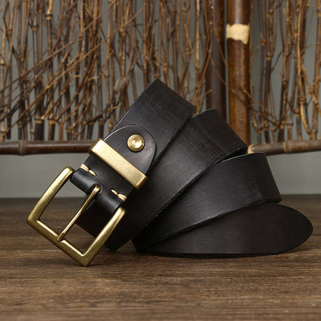 Retro Style Belt Men's Genuine Cattlehide Leather Surface Brass Buckle Denim Overalls Belt