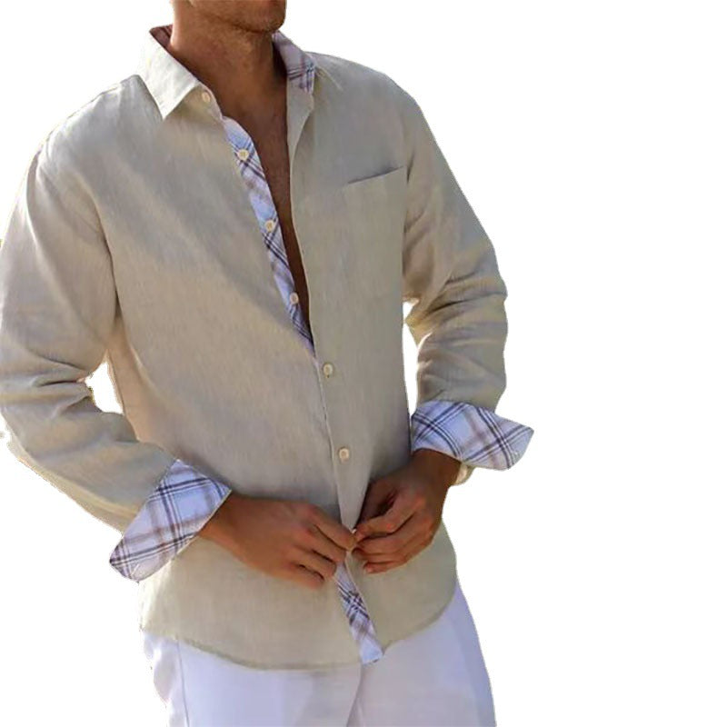 Men's Shirt Cotton And Linen Stitching Plaid