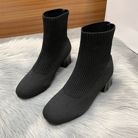 Women's Boots Round Toe Sleeve Thick Heel Flyknit