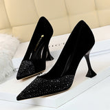 Flock High Heels Shoes Women Rhinestone Design Pointed Toe Pumps Ladies Shoes New Arrival