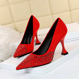 Flock High Heels Shoes Women Rhinestone Design Pointed Toe Pumps Ladies Shoes New Arrival