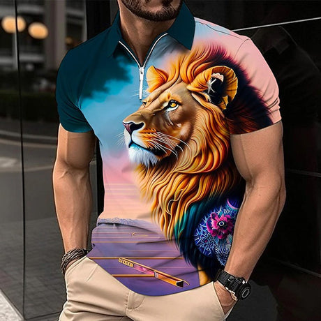 Polo Golf Shirt Animal Lion Pattern Printed Flanging Short Sleeve