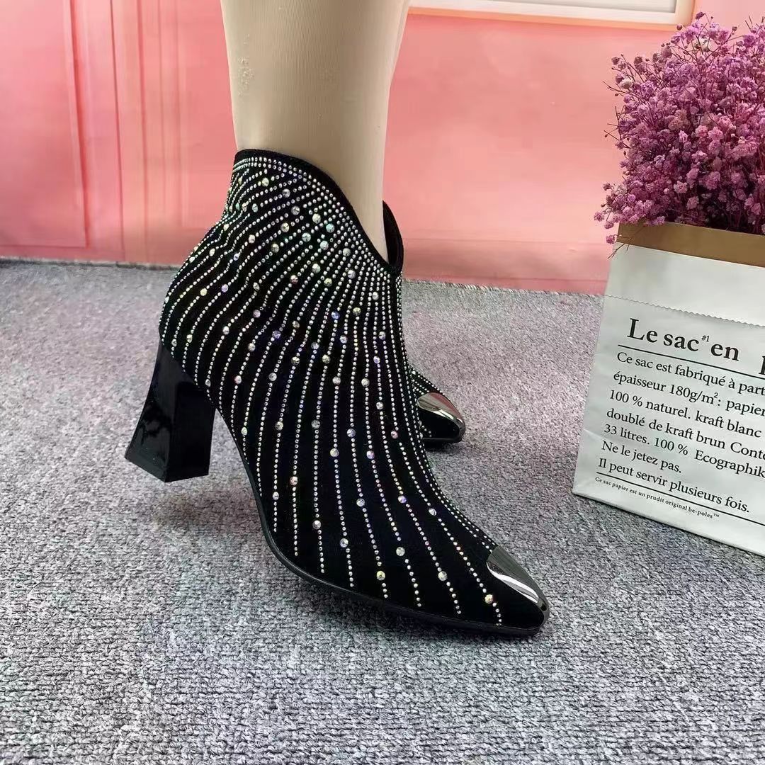 New Pointed Toe Anti-collision High Heel Starry Rhinestone Booties Women