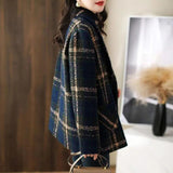 Abrigo Moda Adelgazante Retro Plaid Patchwork Lana Traje Femenino