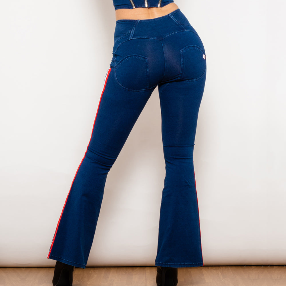 Shascullfites Melody-Jeggings acampanados a rayas de color azul oscuro, vaqueros con botones, vaqueros con realce de trasero, vaqueros acampanados de cintura alta para mujer