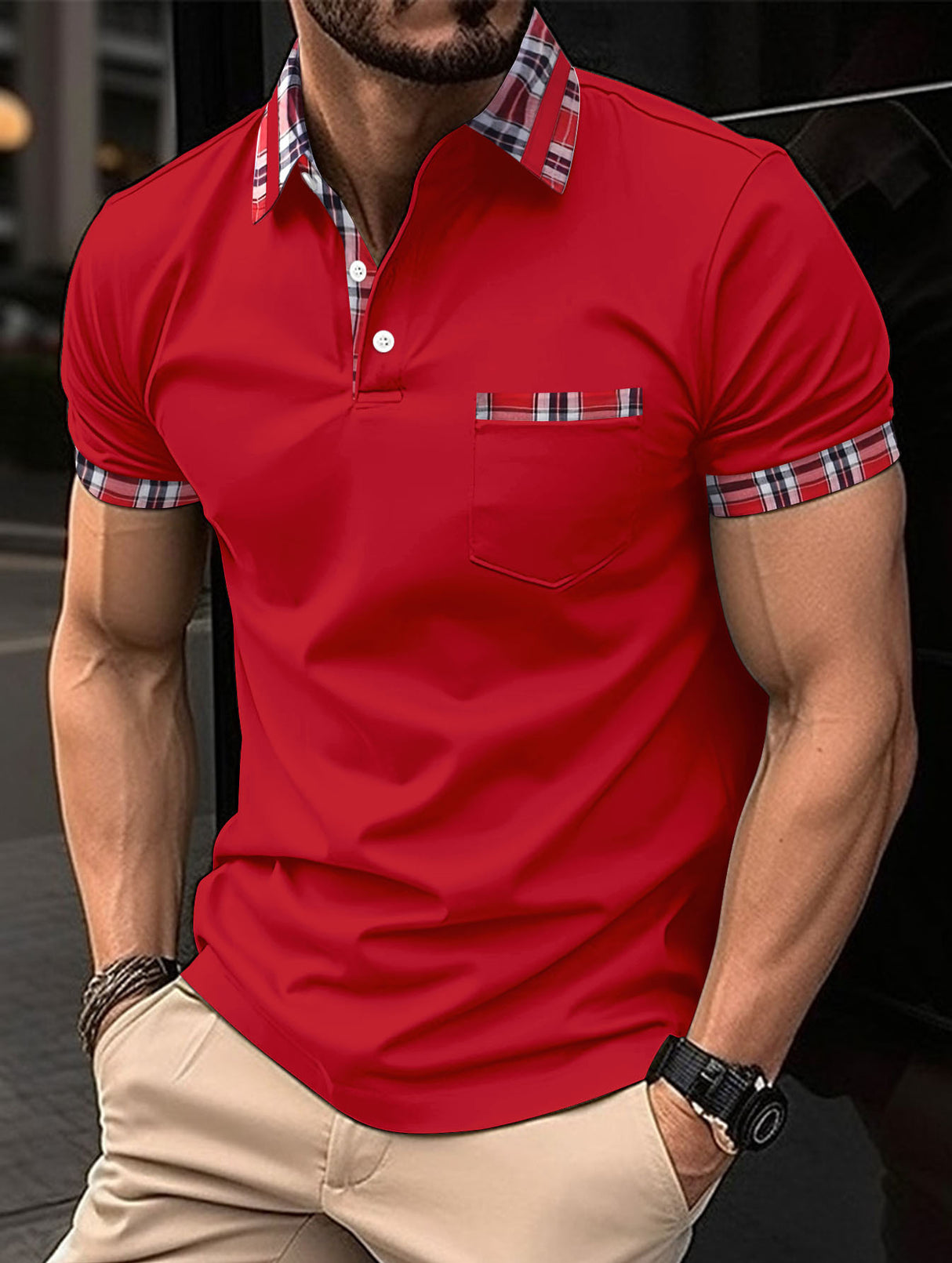 Camiseta deportiva con bolsillo y botones de verano para hombre