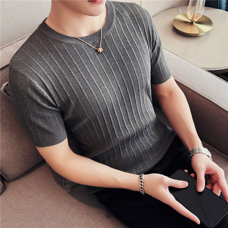 Slim-fit High Elastic Pleated Striped Short-sleeved Top For Men