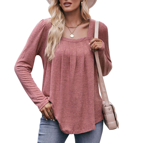 Casual Puff Sleeve Square Collar Pleated Long Sleeve